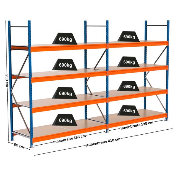 Regal mit vier Ebenen und Maßangaben für die Innen- und Außenbreite sowie die Höhe