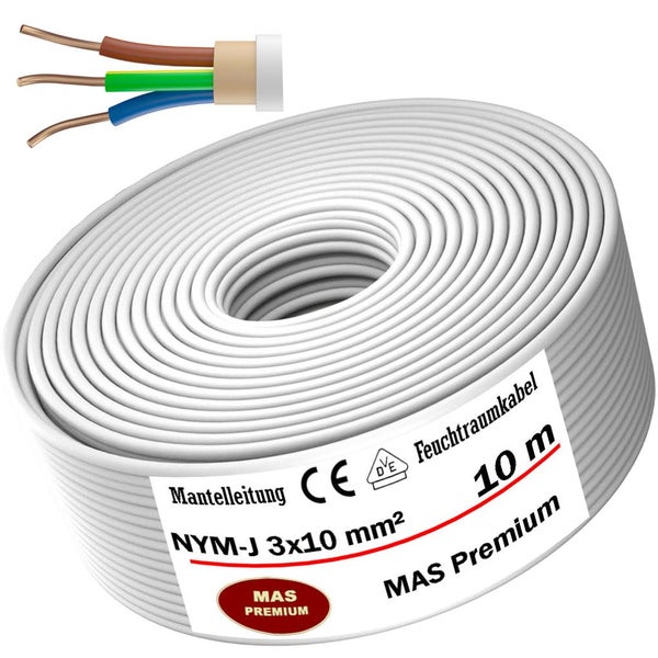 Weiße MAS Premium Mantelleitung NYM-J 3 mal 10 Quadratmillimeter, 10 Meter, mit CE-Kennzeichnung, VDE-Prüfzeichen und MAS Premium Logo.