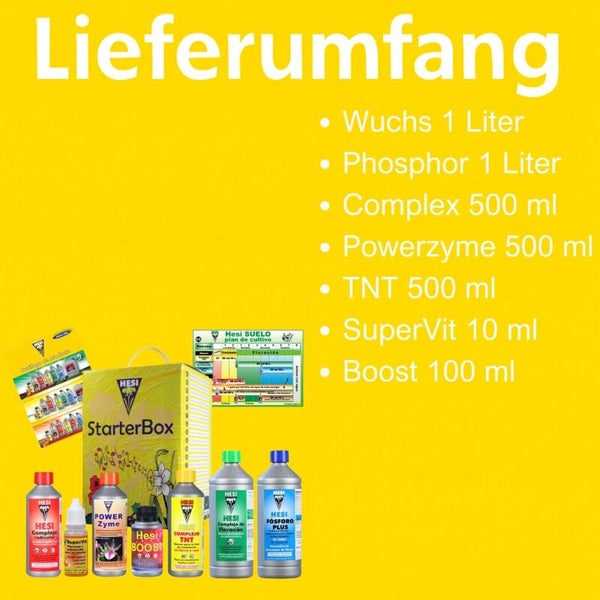 Lieferumfang Hesi StarterBox: 7 Flaschen Pflanzendünger und Vitamine zwischen 10 Milliliter und 1 Liter inklusive Zuchtschema.