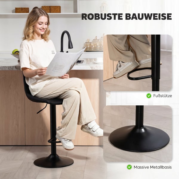 Höhenverstellbarer schwarzer Barhocker in einer Küche mit Details der robusten Bauweise wie Fußstütze und massiver Metallbasis.