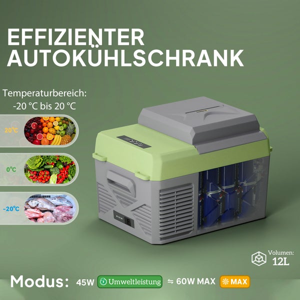 Outsunny 12 Liter Kompressor Kühlbox elektrische Kühlbox mit Anschluss Kühlhaltefunktion Gefrierbox Thermobox Mini Kühlschrank 12/220 Volt für Auto Steckdose LKW Camping Boot Grau+Grün