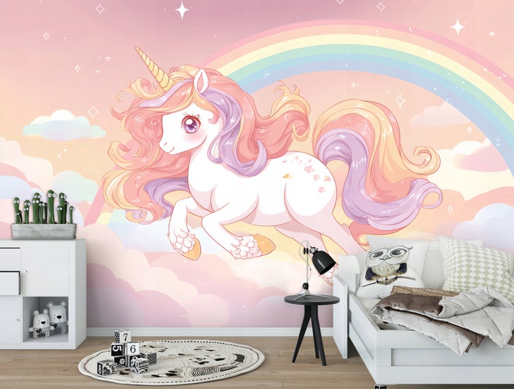 Kinderzimmer mit Einhorn-Tapete, Regal und Spielzeug