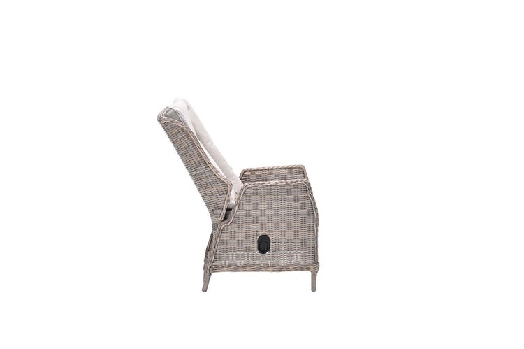Verstellbarer Gartensessel aus Polyrattan-Geflecht mit Polsterauflage, Seitenansicht.