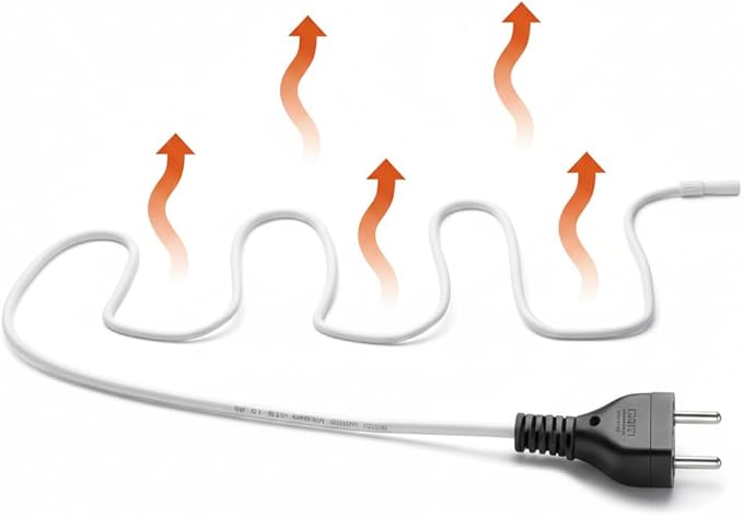 Heizkabel mit Netzstecker und schematischer Darstellung der Wärmeabgabe durch aufsteigende Wellenpfeile.