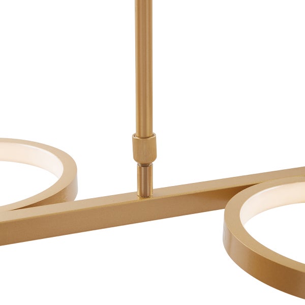 Detailansicht einer modernen LED Pendelleuchte aus Metall mit runden Lichtelementen und Stabaufhängung.