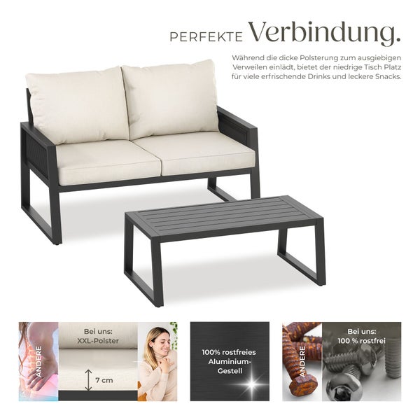 Garten-Lounge-Set aus rostfreiem schwarzem Aluminium mit 2-Sitzer-Sofa, 7 Zentimeter dicken Polstern und rechteckigem Couchtisch.