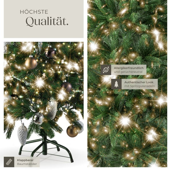 Detailansicht eines geschmückten Weihnachtsbaums mit Christbaumkugeln, Lichtern und klappbarem Baumständer. Allergikerfreundlich und geruchsneutral. Authentischer Look mit Spritzgussnadeln.