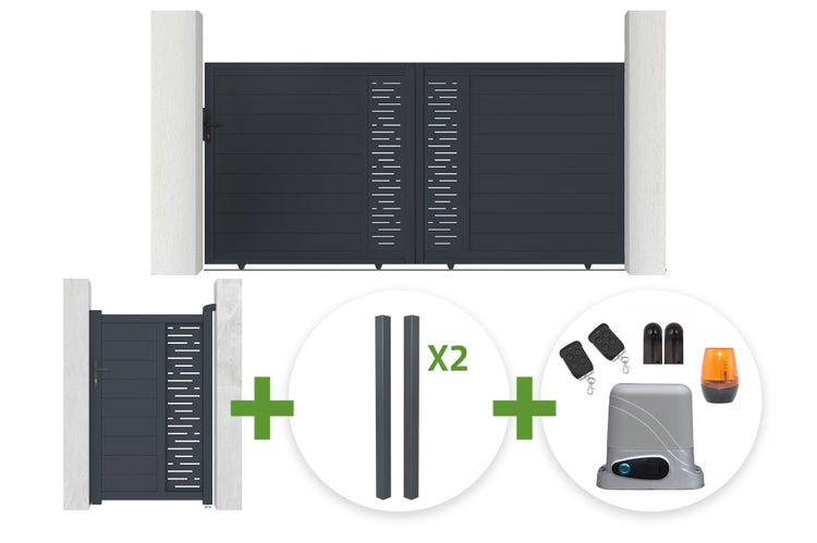 Set bestehend aus zweiflügeligem Einfahrtstor, Pforte, zwei Pfosten und elektrischem Torantrieb inklusive Fernbedienungen und Signalleuchte.