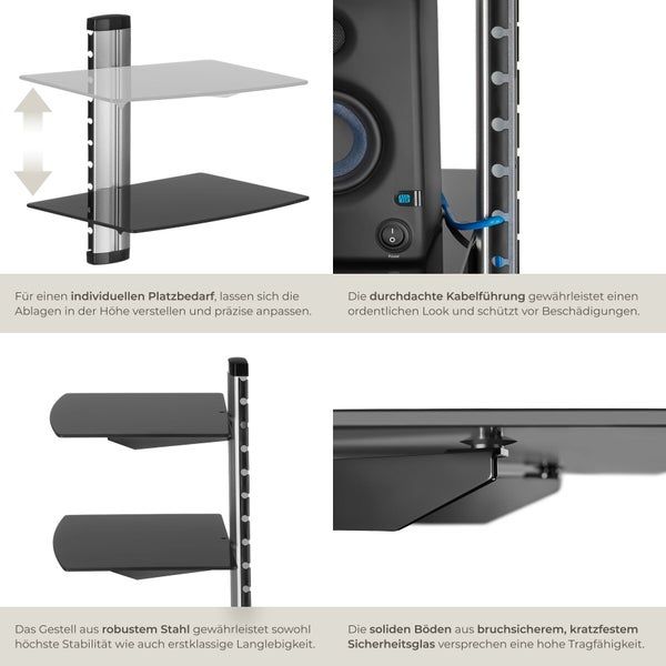 Höhenverstellbares Multimedia-Wandregal mit Stahlgestell, integrierter Kabelführung und zwei Ablagen aus Sicherheitsglas.