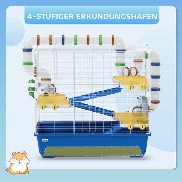 PawHut Hamsterkäfig für Zwerghamster 4 Etagen Nagerkäfig Kleintierkäfig mit Laufrad Futternapf und Zubehör, groß Mäusekäfig Käfig 78 x 45 x 73 cm Blau