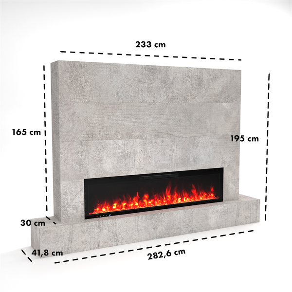 Glow Fire Fernsehwand mit Kamin 'Inside 182'| Cinewall mit Elektrokamin in beton mit Heizung (1500 W) | HxBxT: 195x282,6x41,8 cm