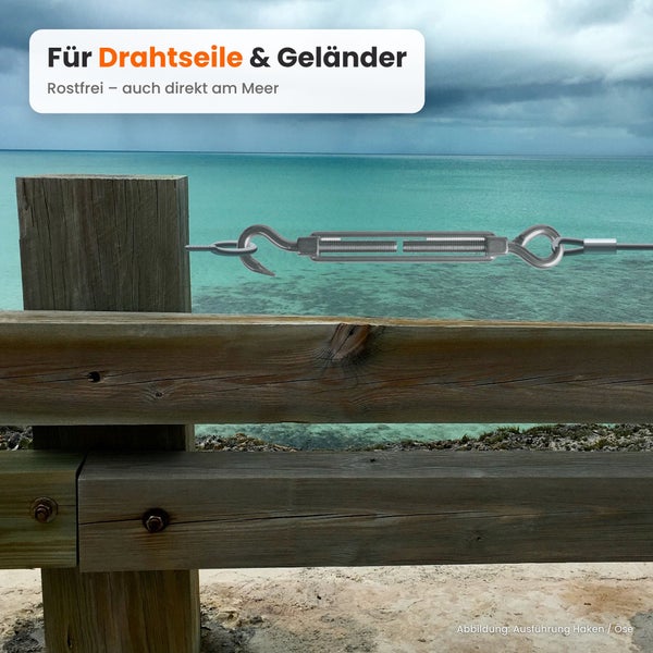 Spannschloss Haken und Öse aus Edelstahl für Drahtseile und Geländer, rostfrei, geeignet für maritime Umgebungen.