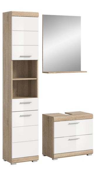 Dreiteiliges Badezimmer-Set bestehend aus Hochschrank, Waschbeckenunterschrank und Spiegel mit Ablage in Eiche-Optik und Weiß-Hochglanz.