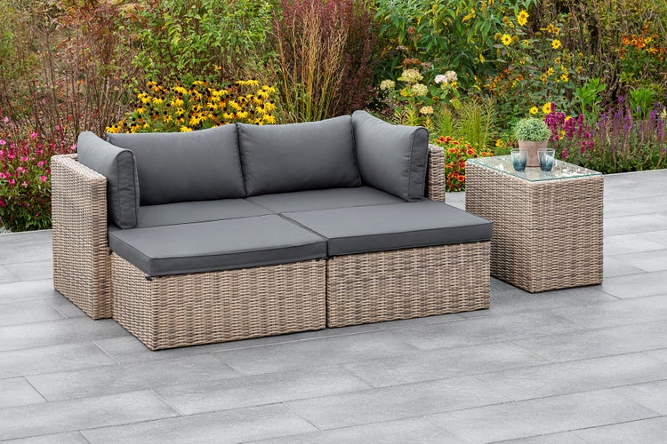 Licosa Gartenlounge Set, 2 Ecksessel, 2 Hocker, 1 Tisch, inkl. Auflagen