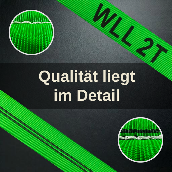 Detailansicht einer Hebeschlinge mit einer Tragfähigkeit von 2 Tonnen und Fokus auf die Nahtverarbeitung.