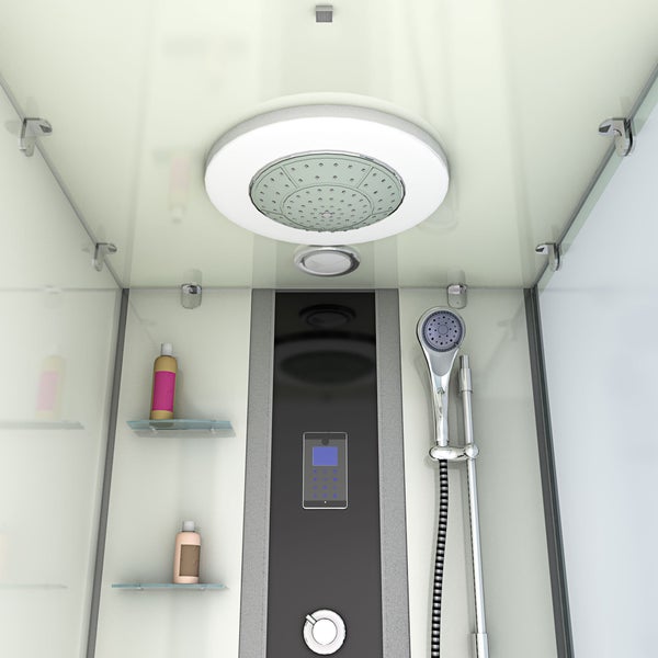 Inneneinansicht einer modernen Duschkabine mit einer großen runden Regendusche mit Beleuchtung, digitaler Steuerung und Handbrause.