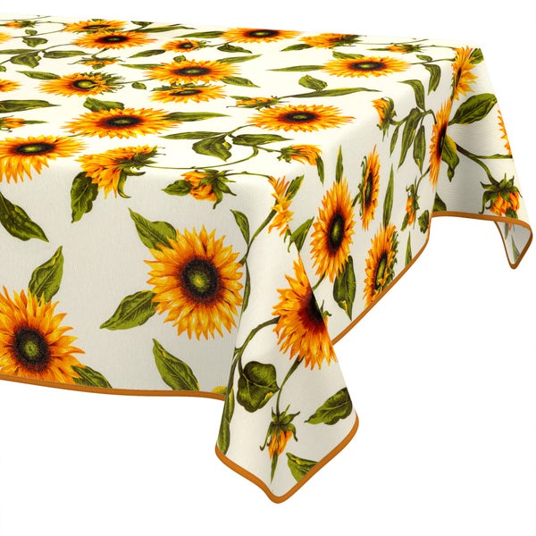 Tischdecke mit Sonnenblumen-Muster und orangefarbener Paspelierung.