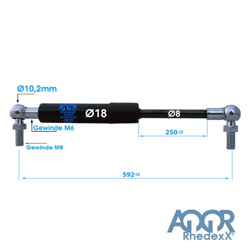 Gasdruckfeder von Rhedexx mit Maßen: Gesamtlänge 592 Millimeter, Hub 250 Millimeter, Durchmesser 18 Millimeter und Rhedexx Logo.
