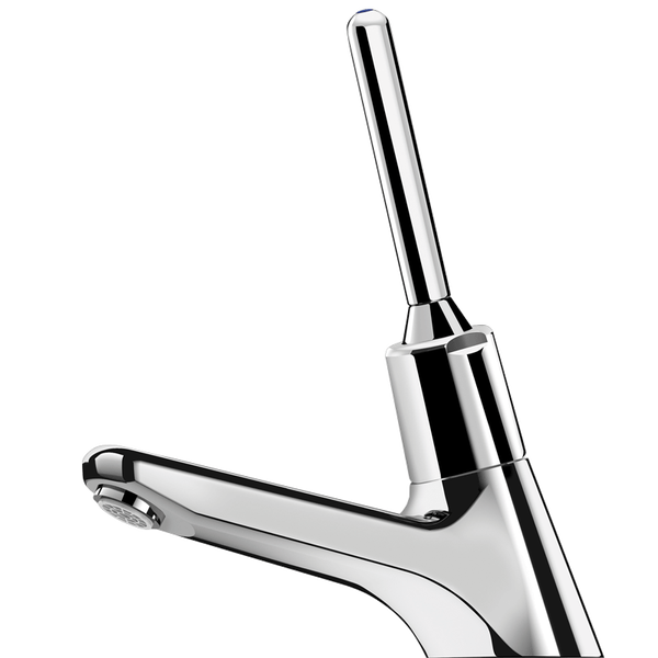 Verchromte Einhebel-Mischbatterie mit vertikalem Pin-Griff und festem Auslauf.