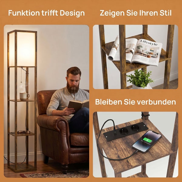 Stehleuchte aus Holz mit drei Regalfächern, integrierter Steckdose und USB-Anschluss neben einem Sessel.