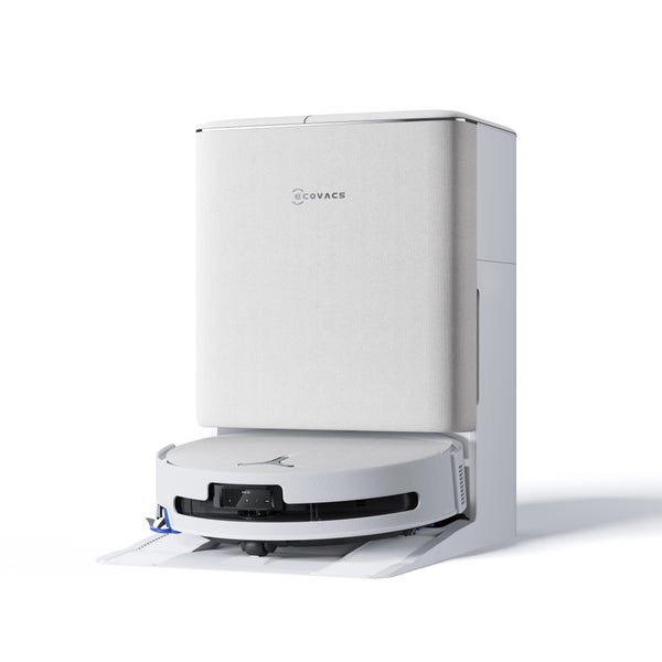 Weißer Ecovacs Saug-Wisch-Roboter mit einer multifunktionalen Reinigungsstation.