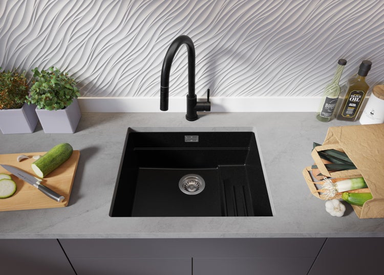 PRIMAGRAN Unterbauspüle Granit Alles Schwarz 56x47cm, Spülbecken 1 Becken + Ablauf-Set + Aufrollbare Abtropffläche, Granitspüle ab 60er Unterschrank - Praga