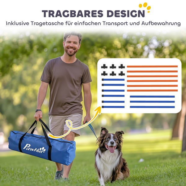 Mann trägt eine Tasche mit PawHut Logo im Park und führt einen Hund, inklusive schematischer Darstellung der enthaltenen Einzelteile.