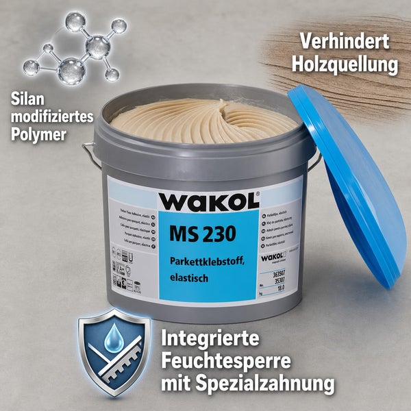 Wakol MS 230 elastischer Parkettklebstoff, 18 Kilogramm, silanmodifiziertes Polymer, verhindert Holzquellung, integrierte Feuchtesperre.