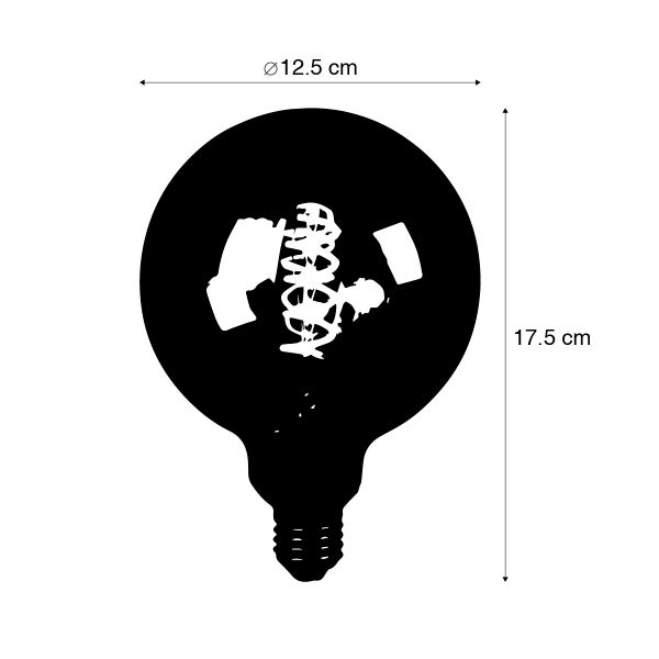 LED-Globe-Glühbirne in Schwarz, Durchmesser 12,5 Zentimeter, Höhe 17,5 Zentimeter.