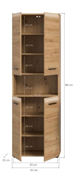 Hochschrank für das Badezimmer mit Maßen, Eiche Optik, 185 Zentimeter hoch, 60 Zentimeter breit, offene Türen mit Einlegeböden.