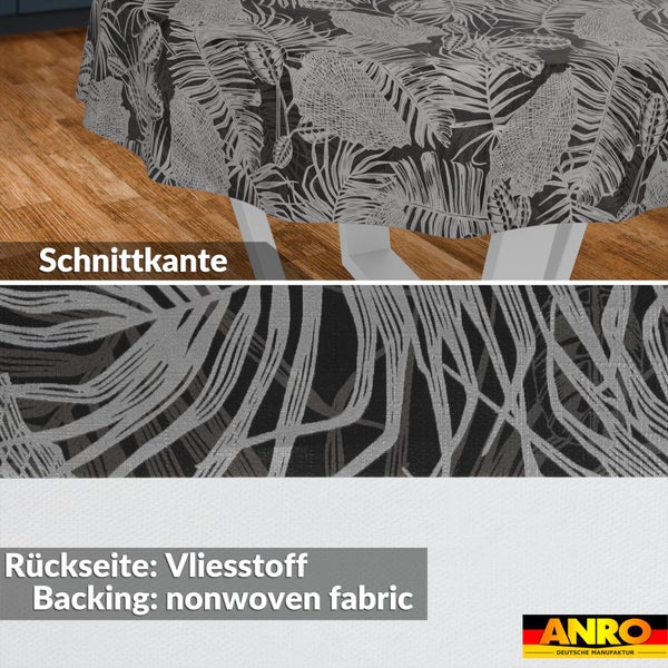 Tischdecke mit tropischem Blattmuster, Schnittkante und Rückseite aus Vliesstoff, ANRO Logo.