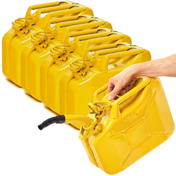 Gelbe Metall-Kraftstoffkanister 10 Liter mit flexiblem Auslaufrohr im Set.