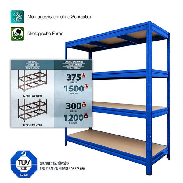 FLOORDIREKT Weitspannregal - Blau - Regal für Keller & Werkstatt - Traglast bis 1600 kg - 200 x 150 x 60 cm