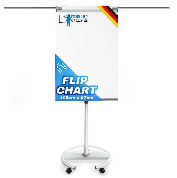 Mobiles Flipchart auf Rollen, magnetisch, 105 mal 67 Zentimeter, ausziehbare Seitenarme, Master of boards Logo, hergestellt in Deutschland.