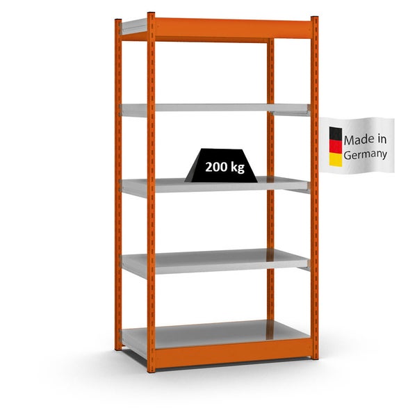 PROREGAL Fachbodenregal Stecksystem Vierkant-Profil Grundregal HxBxT 200 x 102,5 x 50 cm 5 Ebenen Einseitige Bauart Fachlast 200 kg Orange