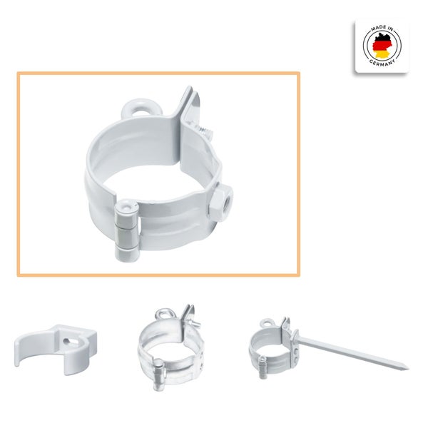 Weiße Rohrschelle für Regenfallrohre aus Metall mit Schraubverschluss, verschiedene Ausführungen und Siegel Hergestellt in Deutschland.