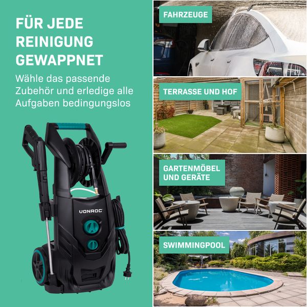 VONROC Profi Hochdruckreiniger 195bar - Fassadenreiniger für schwere Reinigungsarbeiten [2500W] - Hoher Durchfluss [468 l/h] Reinigungstank, Aluminium Pumpe - inkl. Terassenreiniger