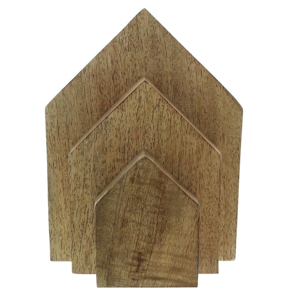 FRANK FLECHTWAREN | Holzdeko Haus, 3er Set, HOLZ, 7,5x2,5x10cm, 11x2,5x15cm, 15x2,5x20cm