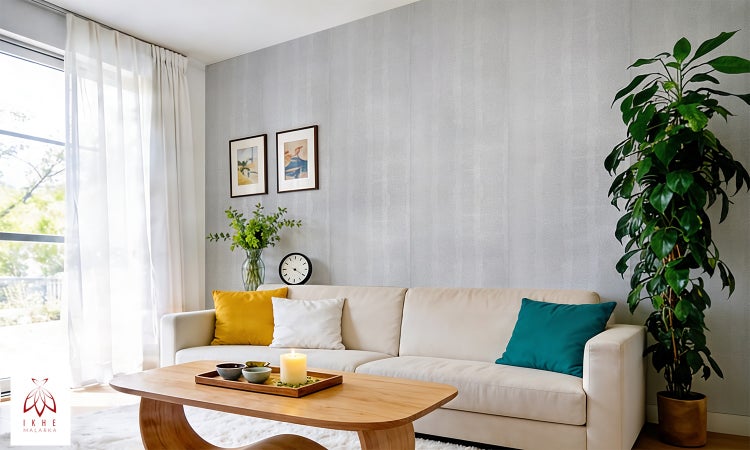 Helles Wohnzimmer mit cremefarbenem Sofa, Holztisch und strukturierter Tapete mit vertikalen Streifen an der Wand.