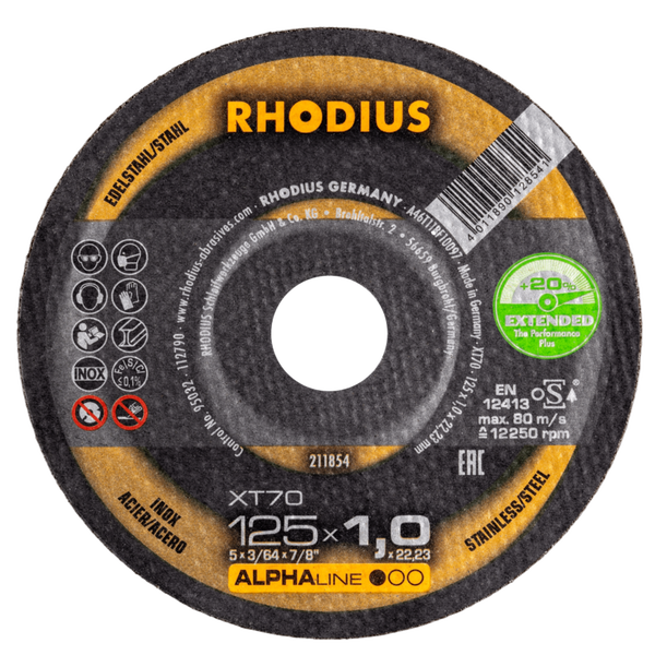 RHODIUS Trennscheibe XT70, 50 Stück, 125 x 1,0 x 22,23 mm für Edelstahl, Stahl, Metall, ALPHAline