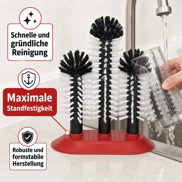 Dreifache Gläserspülbürste mit Saugnapfbasis zur gründlichen Reinigung von Gläsern am Spülbecken mit erklärenden Hinweisen zu Reinigungsleistung.