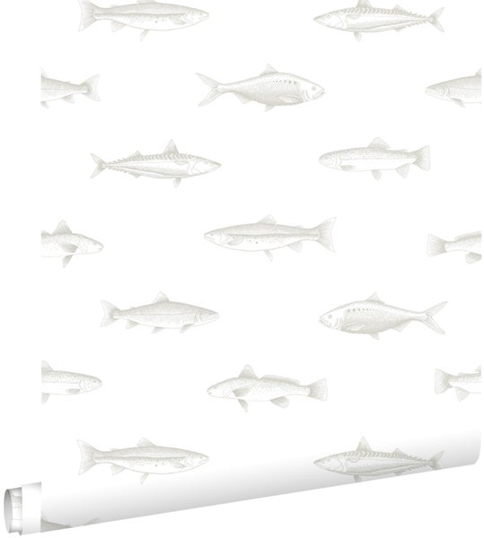 ESTAhome Tapete Federzeichnung Fisch Weiß und Silber - 0,53 x 10,05 m - 138966