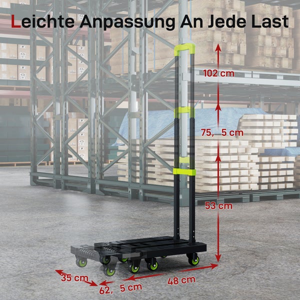Schwarzer Transportwagen mit ausziehbarem Griff und Maßangaben