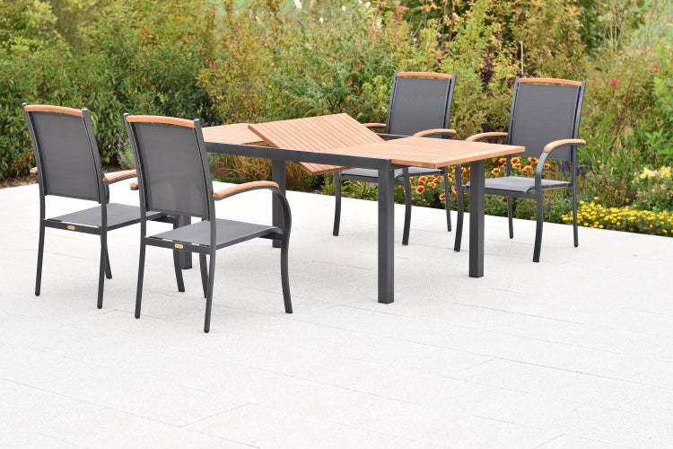 Siena Gartenmöbelset 5tlg., 4 Stapelsessel, Ausziehtisch 150 (200) x 90 cm, graphit/grau