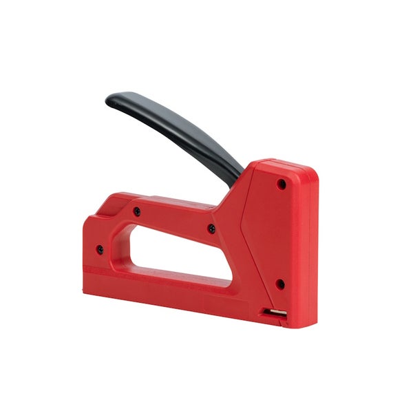 Manueller Handtacker aus rotem Kunststoff mit schwarzem Hebel.