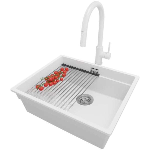 PRIMAGRAN Granitspüle Weiß 56x47cm, Spülbecken 1 Becken + Küchenarmatur 40x20cm + Ablauf-Set + Aufrollbare Abtropffläche, Küchenspüle ab 60er Unterschrank - Praga Slim