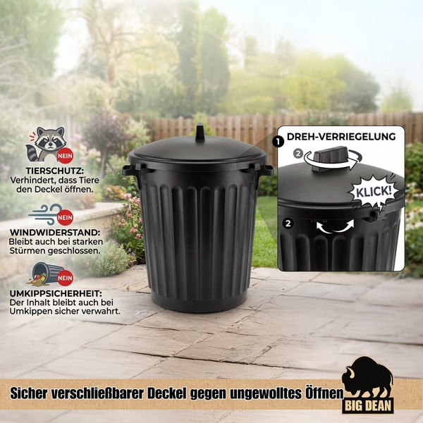Schwarze Mülltonne von Big Dean mit Drehverriegelung zum Schutz vor Tieren, Wind und Umkippen, auf einer Terrasse im Garten platziert.