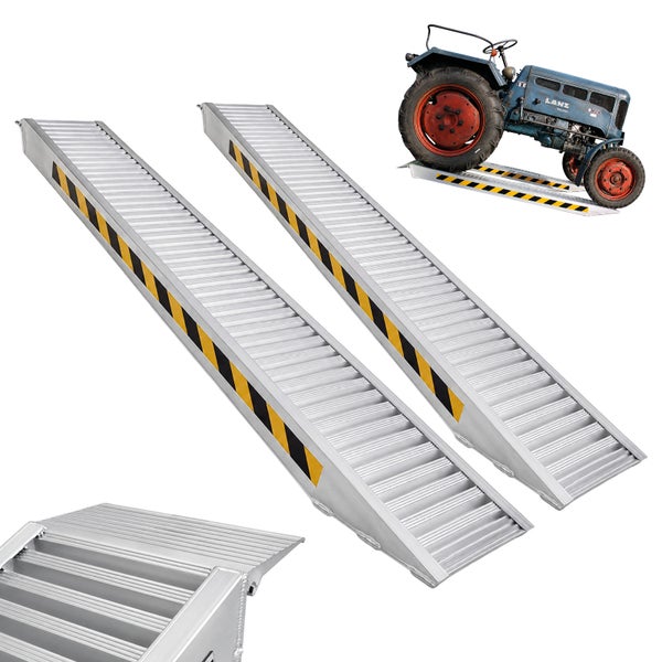 Set von zwei Auffahrschienen aus Aluminium für Fahrzeuge wie Traktoren mit rutschfester Oberfläche und Warnmarkierung an den Seiten