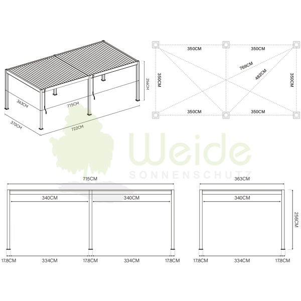 Weide Deluxe Pergola 3,6 x 7,2 M - Freistehend, Voll-Aluminium, Lamellendach, Weiß