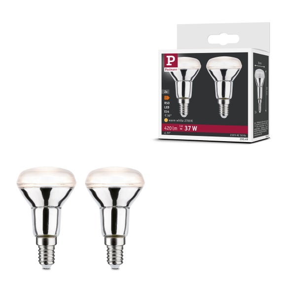 Zwei Paulmann LED Reflektorlampen R50 mit E14 Sockel, 5 Watt, warmweißes Licht 2700 Kelvin, inklusive Verpackung.